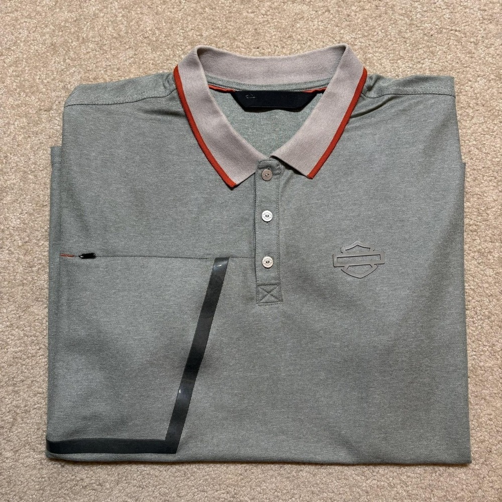 Harley-Davidson Polo Shirt Mens Large Gray Slim Fit Zip Pocket Performance Moto - Picture 2 of 12